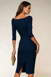 Robe professionnelle midi bleu marine col bâteau manches 3/4 coupe ajustée