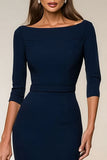 Robe professionnelle midi bleu marine col bâteau manches 3/4 coupe ajustée