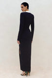 Robe de travail noire à étui profonde à manches longues à col en V profond avec fente