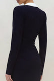 Robe de travail noire à étui profonde à manches longues à col en V profond avec fente