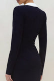 Robe de travail noire à étui profonde à manches longues à col en V profond avec fente
