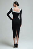 Robe de travail midi noire à col carré à manches longues