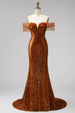 Robe de bal de bal sirène dénudée d’épaules, paillettes à col V avec traîne en arc
