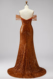 Robe de bal de bal sirène dénudée d’épaules, paillettes à col V avec traîne en arc