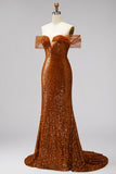 Robe de bal de bal sirène dénudée d’épaules, paillettes à col V avec traîne en arc