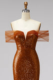 Robe de bal de bal sirène dénudée d’épaules, paillettes à col V avec traîne en arc