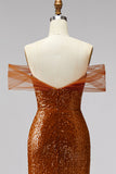 Robe de bal de bal sirène dénudée d’épaules, paillettes à col V avec traîne en arc
