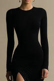 Robe formelle noire à col rond à manches longues avec fente