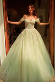 Robe de bal verte à épaules décollées avec appliqués de quinceañera