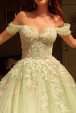 Robe de bal verte à épaules décollées avec appliqués de quinceañera