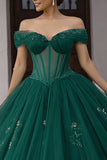 Robe de bal corset vert foncé à épaules dénudées, robe de quinceañera appliquée