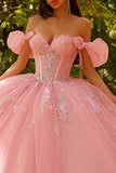 Robe-bal rose pailleté, épaule découverte, robe de bal Quinceañera