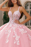 Robe de bal à bretelles fines roses avec applique, robe quinceañera