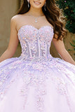 Robe de bal corset lilas sans bustier avec applique, robe quinceañera