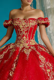 Robe de bal rouge décollée sur les épaules avec appliqués en quinceañera