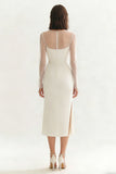 Robe de fiançailles Midi bodycon à col rond ivoire avec fente
