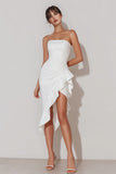 Robe de fiançailles blanche, sans bretelles à volants, haute basse