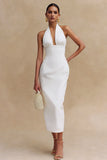 Robe de fiançailles blanche à col nu en satin midi