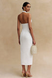 Robe de fiançailles blanche à col nu en satin midi