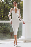 Robe de fiançailles Midi blanche en satin à col montant avec trou de serrure