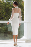 Robe de fiançailles Midi blanche en satin à col montant avec trou de serrure