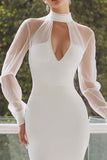 Robe de fiançailles Midi blanche en satin à col montant avec trou de serrure