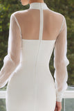 Robe de fiançailles Midi blanche en satin à col montant avec trou de serrure