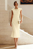 Robe de bal de bal à col rond en sirène blanche avec manches courtes