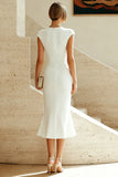 Robe de bal de bal à col rond en sirène blanche avec manches courtes