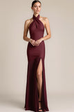 Robe longue de demoiselle d’honneur plissée dos nu sirène bourgogne avec fente