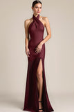 Robe longue de demoiselle d’honneur plissée dos nu sirène bourgogne avec fente