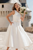 Robe de réception de mariage Midi à col couplé blanc A Line avec nœud