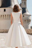 Robe de réception de mariage Midi à col couplé blanc A Line avec nœud