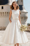 Robe de réception de mariage Midi à col couplé blanc A Line avec nœud