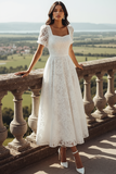 Robe de réception de mariage longue en dentelle blanche à col carré avec manches