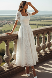 Robe de réception de mariage longue en dentelle blanche à col carré avec manches