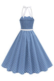 Robe des années 1950 à pois en forme de liu bleu clair