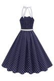 Robe des années 1950 à pois en forme de liu bleu clair