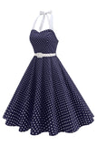 Robe des années 1950 à pois en forme de liu bleu clair