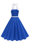 Robe des années 1950 à pois en forme de liu bleu clair