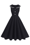 Robe noire à col en V avec la ligne A des années 1950 et nœud