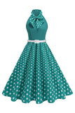Robe des années 1950 à pois à col montant vert A Line avec nœud
