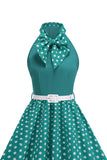 Robe des années 1950 à pois à col montant vert A Line avec nœud