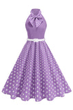 Robe des années 1950 à pois à col montant vert A Line avec nœud