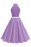 Robe des années 1950 à pois à col montant vert A Line avec nœud