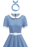 Robe noire à pois à col rond A Line des années 1950