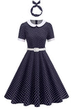 Robe noire à pois à col rond A Line des années 1950