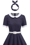 Robe noire à pois à col rond A Line des années 1950