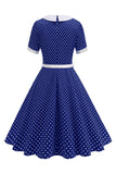 Robe noire à pois à col rond A Line des années 1950