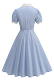 Robe des années 1950 bleue à revers cranté, ligne simple, boutonnage simple